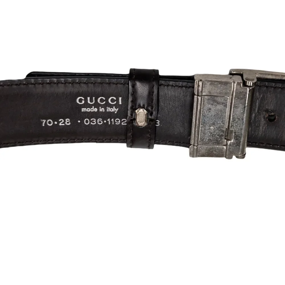 Vtg Gucci Silver G Cutout Leather Belt Mens Black Rectangular Buckle EU 70 US 28